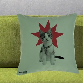 Perna Decorativa Pisica Star Pop Art, 40x40 cm, Verde, Husa Detasabila, Perna Inclusa, BEKZ®