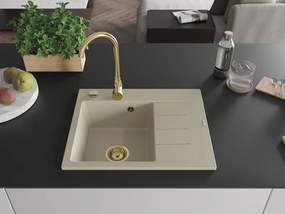 Mexen Ben chiuvetă de granit cu 1 compartiment cu scurgător, stânga 600 x 500 mm, bej, sifon auriu - 6522605000-69-G