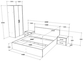 Set haaus V1, Pat 200 x 140 cm, Stejar Alb/Antracit