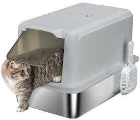 PawHut Litieră pentru pisici, Vas din Oțel Inoxidabil, Filtru, Lopată, pentru pisici până la 6 kg, 40,5 x 60,5 x 41,5 cm, Gri/Argintiu | Aosom Romania
