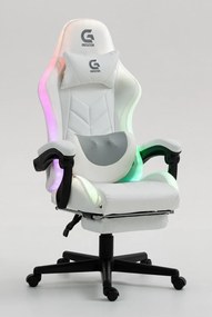 RESIGILAT- Scaun gaming, Masaj cu Role in perna lombara, Boxe bluetooth, sistem iluminare bandă LED RGB, suport picioare, Alb