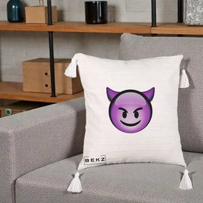 Perna Decorativa Emoji Diavol Mov, 40x40 cm, Bej cu Franjuri, Husa Detasabila, Perna Inclusa, BEKZ®