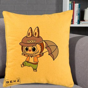 Perna Personalizata Labubu Lucky cu Umbrela, 40x40 cm, Galben, Husa Detasabila, Perna Inclusa, BEKZ®
