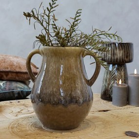 Vază decorativă din ceramică artizanală glazurată verde olive, lucrată manual, cu mâner lateral, 30x23 cm, „Camille"