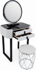 RESIGILAT- Set Bianca, Masă de toaletă pentru machiaj cu oglindă iluminată LED, control touch, taburet tapitat, 60x38x76 cm, Alb/Negru