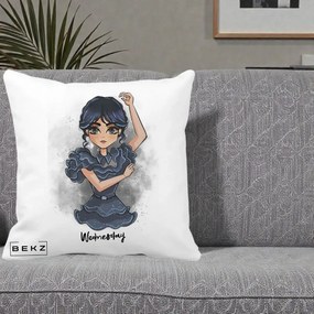 Perna Personalizata Wednesday Addams Dancing Queen, 40x40 cm, Alba Mata, Husa Detasabila, Perna Inclusa, BEKZ®