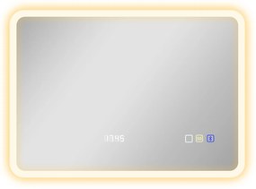 HOMCOM Oglindă de Baie cu Leduri 70x50 cm cu Bluetooth 3 Culori de Lumină Ceas Digital Funcție Anticeață Funcție de Memorie | Aosom Romania