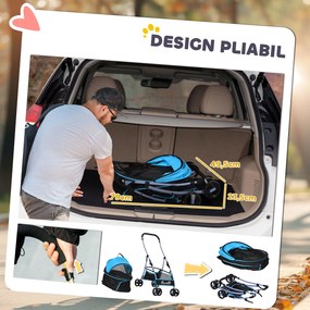 PawHut Cărucior pentru Câini Pliabil și Convertibil în Geantă de Transport cu 2 Lese și Pernă, 82x49.5x98 cm, Albastru | Aosom Romania