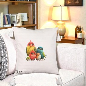 Perna Decorativa Familie de Pasarele Colorate, 40x40 cm, Bej cu Franjuri, Husa Detasabila, Perna Inclusa, BEKZ®