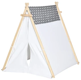 HOMCOM Cort Teepee Indian pentru Copii 3-6 Ani, Spațiu de Joacă Interior/Exterior cu Ușă și Fereastră, 130x111x136cm, Gri și Alb | Aosom Romania