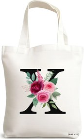 Sacosa de Panza pentru Cumparaturi, Geanta Tote, Cu litera X si Trandafiri, 38x34.5 cm, Alba, BEKZ®