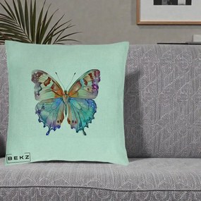 Perna Decorativa Fluture Acuarela Multicolor Portocaliu-Bleu-Mov, 40x40 cm, Verde Menta, Husa Detasabila, Perna Inclusa, BEKZ®