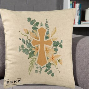 Perna Personalizata Cruce Florala Botez, 40x40 cm, Bej, Husa Detasabila, Perna Inclusa, BEKZ®