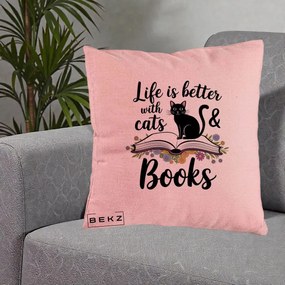 Perna Personalizata Life is Better Cats and Books, 40x40 cm, Roz, Husa Detasabila, Perna Inclusa, BEKZ®