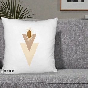 Perna Decorativa Boho Sun cu Triunghiuri Bej si Oval Solar, 40x40 cm, Alb Pufos, Husa Detasabila, Perna Inclusa, BEKZ®