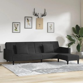 Canapea extensibilă, 2 locuri, 2 perne&amp;taburet, negru, catifea