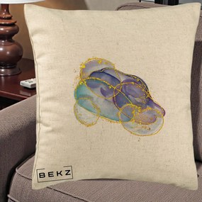 Perna Decorativa Abstract Acuarela Albastru-Mov cu Cercuri Aurii, 40x40 cm, Bej, Husa Detasabila, Perna Inclusa, BEKZ®