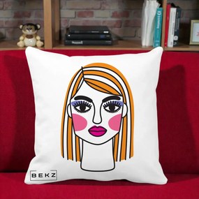 Perna Decorativa Portret Pop Art Fata, 40x40 cm, Alba Mata, Husa Detasabila, Perna Inclusa, BEKZ®