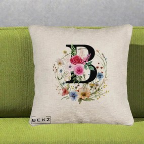 Cadou Personalizat - Perna Personalizata Monogram Litera B cu Flori Acuarela, 40x40 cm, Bej Canapea, Husa Detasabila, Perna Inclusa, BEKZ®