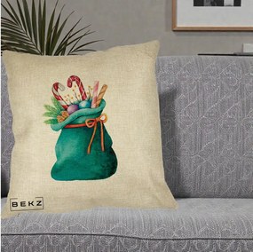 Perna Decorativa Saculet Cadouri Mos Craciun Acuarela Verde, 40x40 cm, Crem, Husa Detasabila, Perna Inclusa, BEKZ®