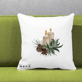 Perna Decorativa Lumanari cu Ilex si Conuri Ilustratie, 40x40 cm, Alba Mata, Husa Detasabila, Perna Inclusa, BEKZ®