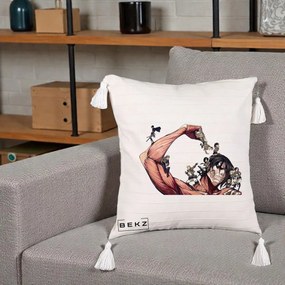 Perna Personalizata Attack on Titan Eren Titan Grup, 40x40 cm, Bej cu Franjuri, Husa Detasabila, Perna Inclusa, BEKZ®