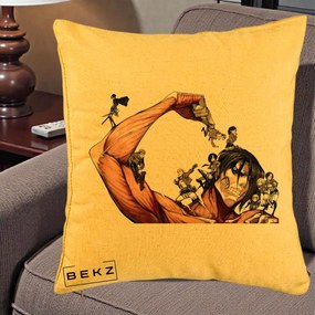 Perna Personalizata Attack on Titan Eren Titan Grup, 40x40 cm, Galben, Husa Detasabila, Perna Inclusa, BEKZ®