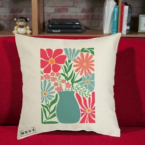 Perna Decorativa Flori in Vaza Turcoaz, 40x40 cm, Ecru, Husa Detasabila, Perna Inclusa, BEKZ®