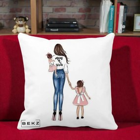 Cadou pentru Mama - Perna Personalizata Mom of Girls Mama cu Fetele, 40x40 cm, Alba Mata, Husa Detasabila, Perna Inclusa, BEKZ®