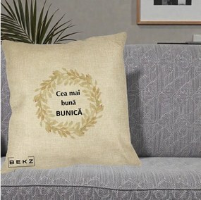 Cadou pentru Bunica - Perna Personalizata Cea Mai Buna Bunica Coronita Frunze Acuarela, 40x40 cm, Crem, Husa Detasabila, Perna Inclusa, BEKZ®