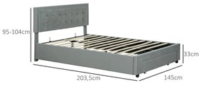 HOMCOM Cadru de pat dublu cu somier cutie cu pistoane, sertar pe roți, cap reglabil capitonat cu efect de catifea, gri | Aosom Romania