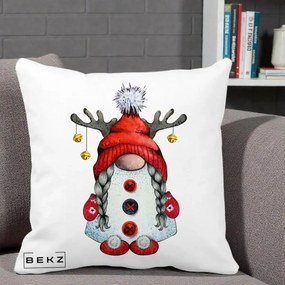Perna Decorativa Pitic Gnom Craciun cu Coarne de Ren, 40x40 cm, Alba Mata, Husa Detasabila, Perna Inclusa, BEKZ®