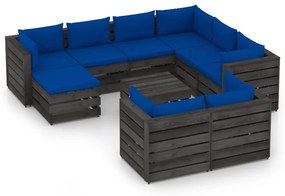 Set mobilier gradina cu perne, 10 piese, gri, lemn tratat albastru si gri, 10