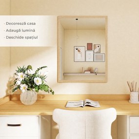 HOMCOM Oglindă de perete dreptunghiulară cu cârlige, din sticlă și MDF, 60x80 cm, finisaj lemn | Aosom Romania