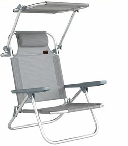 Outsunny Șezlong Reclinabil cu 6 Nivele, Copertină Reglabilă și Tetieră, din Aluminiu și Plasă, 62x68x79, Gri | Aosom Romania