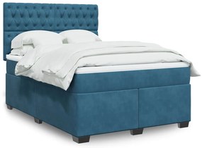 vidaXL Pat box spring cu saltea, albastru, 140x200 cm, catifea