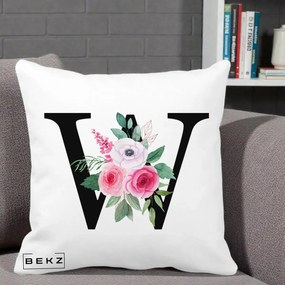 Cadou Personalizat - Perna Personalizata Monograma Florala Litera W cu Trandafiri si Anemona, 40x40 cm, Alba Mata, Husa Detasabila, Perna Inclusa, BEKZ®