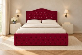Pat tapițat Chesterfield din catifea Solaria Deluxe Cristal 160×200 cm, vișiniu, cu ladă de depozitare