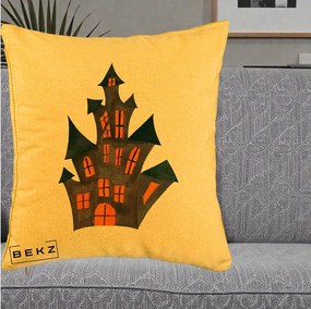 Perna Decorativa Halloween Casa Bantuita Minimalista, 40x40 cm, Galben, Husa Detasabila, Perna Inclusa, BEKZ®