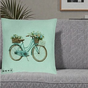 Perna Decorativa Bicicleta Teal cu Cosuri Duble de Flori Vintage, 40x40 cm, Verde Menta, Husa Detasabila, Perna Inclusa, BEKZ®