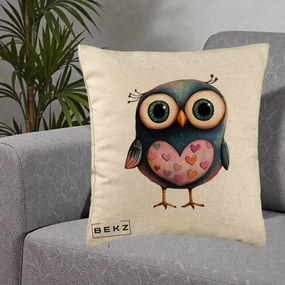 Perna Decorativa Bufnita cu Inimioare Roz, 40x40 cm, Bej, Husa Detasabila, Perna Inclusa, BEKZ®