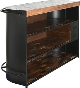 Bar insulă vintage din metal și lemn, negru și multicolor, cu bară pentru picioare, 3 rafturi și 2 sertare, 106 x 165 x 60 cm, „Barme”