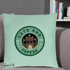 Perna Personalizata Cats and Coffee Starbucks, 40x40 cm, Verde Menta, Husa Detasabila, Perna Inclusa, BEKZ®