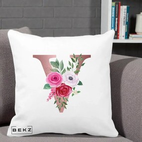 Cadou Personalizat - Perna Personalizata Monograma Rose Gold Litera V, 40x40 cm, Alba Mata, Husa Detasabila, Perna Inclusa, BEKZ®