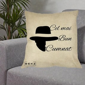 Cadou pentru Cumnat - Perna Personalizata Cel mai Bun Cumnat cu Silueta Palarie, 40x40 cm, Crem, Husa Detasabila, Perna Inclusa, BEKZ®