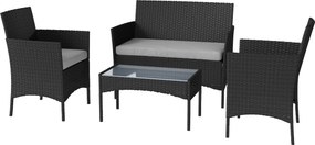 Outsunny Set mobilier de grădină exterior 4 persoane din rășină împletită cu canapele și măsuță din sticlă securizată perne incluse gri | Aosom Romania