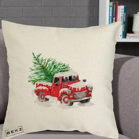 Perna Decorativa Camioneta Rosie Brad de Craciun, 40x40 cm, Ecru, Husa Detasabila, Perna Inclusa, BEKZ®