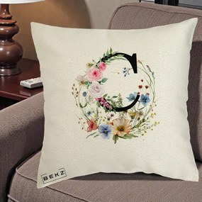 Cadou Personalizat - Perna Personalizata Monogram Litera C cu Flori Acuarela, 40x40 cm, Ecru, Husa Detasabila, Perna Inclusa, BEKZ®