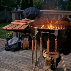 Suport metalic pentru ustensile BBQ – 4 cârlige, montare pe marginea grătarului