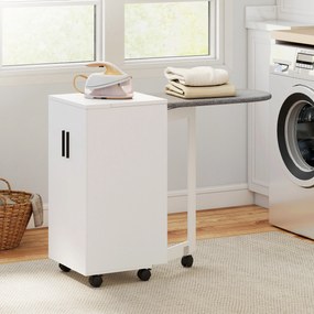 HOMCOM Mobilier pentru Masa de Călcat Pliabil cu Roți, Raft Reglabil și Închidere Soft Close, din Lemn și Material Textil, 128x43x83 cm, Alb | Aosom Romania